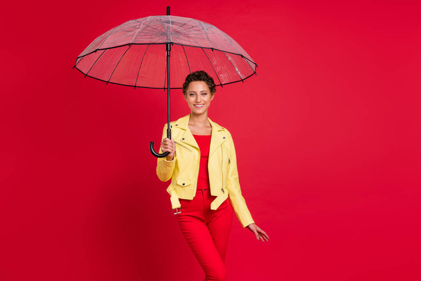 Photo of pretty sweet young woman dressed leather jacket holding open parasol walking smiling isolated red color background - Fotoğraf, Görsel