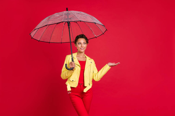 Photo of dreamy shiny young lady wear yellow jacket smiling walking open umbrella catching arm empty space isolated red color background - Фото, изображение