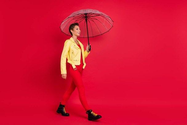 Photo of charming adorable young woman dressed leather jacket holding open parasol walking smiling isolated red color background - Fotoğraf, Görsel