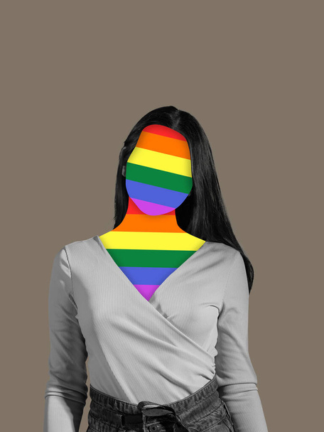 Contemporary art collage of faceless woman with lgbt flag colors isolated over brown background - Foto, Imagen