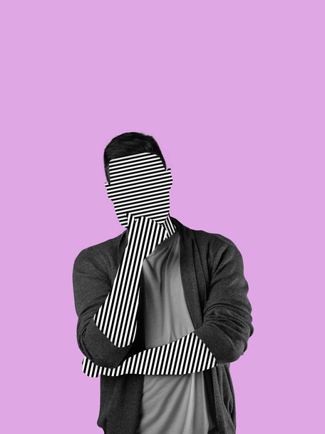 Contemporary art collage of man with faceless part isolated over pink background - Fotó, kép