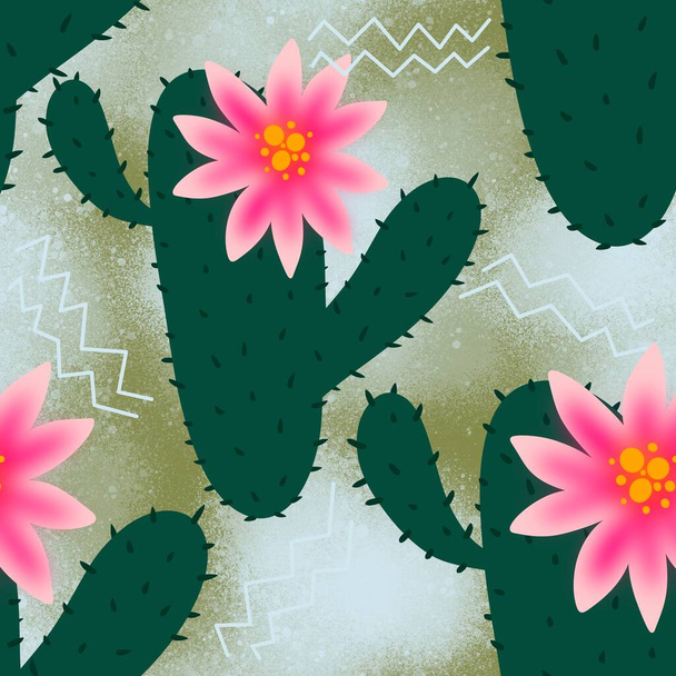 Seamless pattern with cactus and flower for fabrics and textiles  - 写真・画像