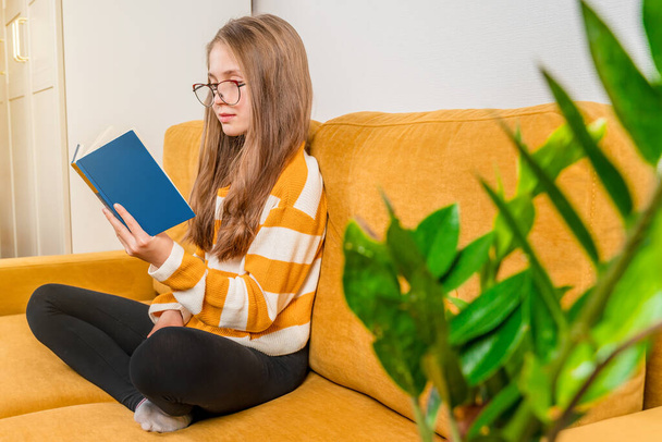 A little teenage girl with glasses is sitting on a yellow sofa at home and reading a book with a smart funny expression on her face. Learning concept - Photo, Image