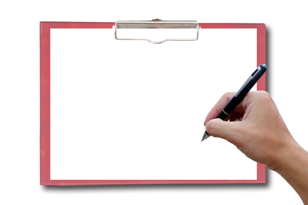 Red Klembord hand en pen. - Foto, afbeelding