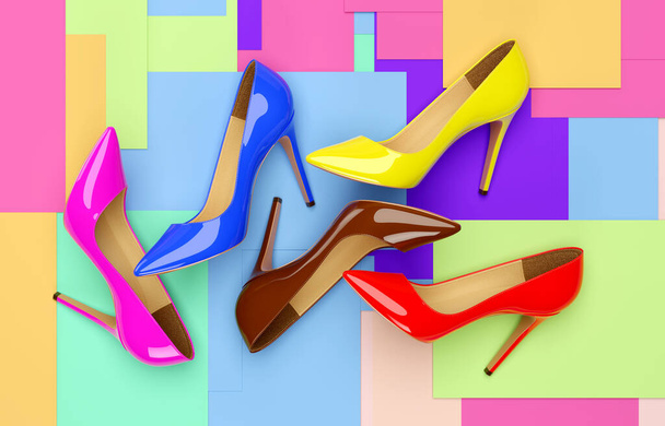 Bright colored womens shoes on a solid background. 3D rendering illustration. - Foto, immagini