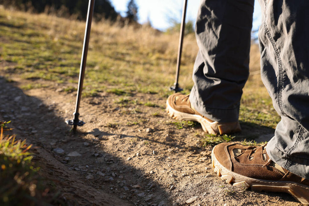 Hiker with trekking poles walking outdoors on sunny day, closeup - 写真・画像