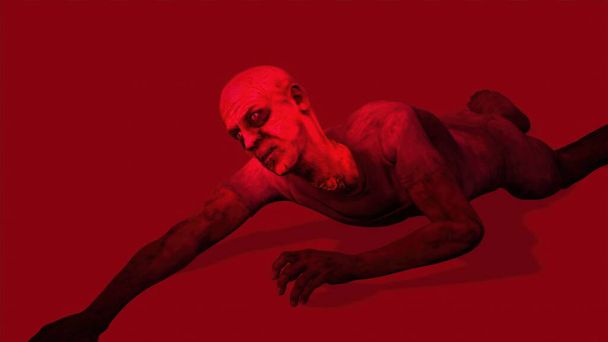 3D ilustrace - samec zombie plazí po zemi v červené noci - Fotografie, Obrázek