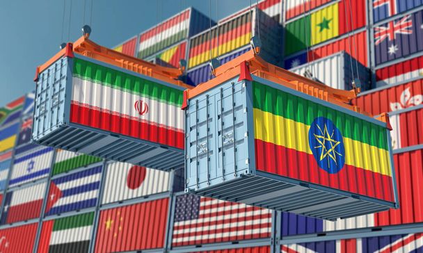 Freight containers with Iran and Ethiopia national flags. 3D Rendering  - 写真・画像