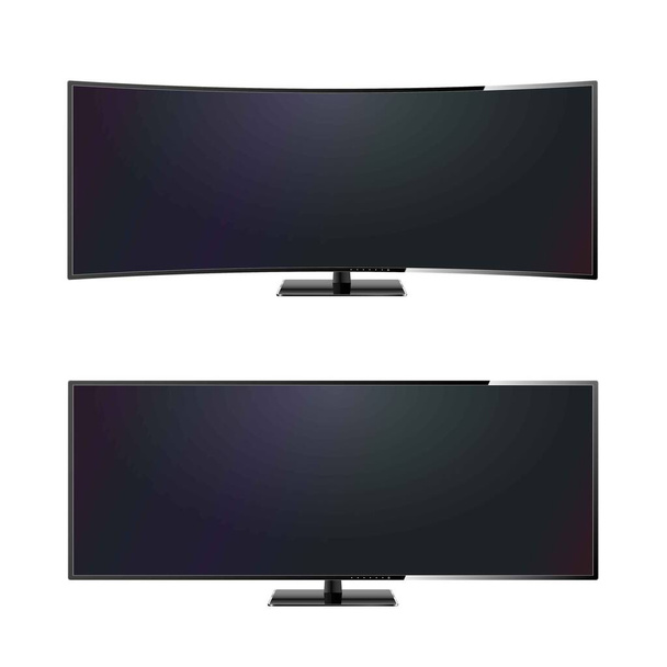 Vector realistic ultra wide curved modern computer LCD monitor. Front view television or computer black screen mock up. Isolated on white background. - Vector, Image