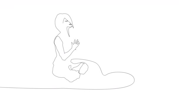 Continuous Self drawing of meditation woman. Simple animation of one black line drawing of girl on yoga exercise with lotus position on white. 4K video graphic for minimalism sport theme design - Footage, Video