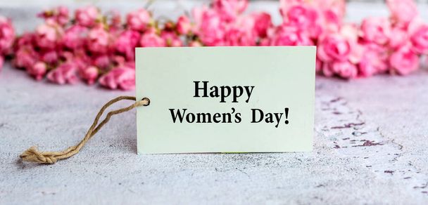 Happy Women's Day Greeting Card with Pink Roses on a Gray Textured Background - Φωτογραφία, εικόνα
