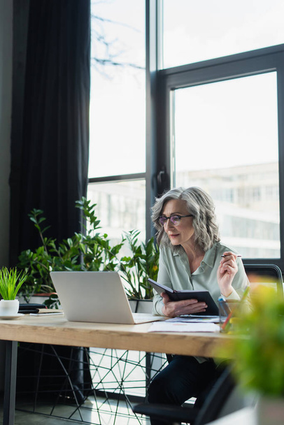 Middelbare leeftijd zakenvrouw met notebook in de buurt van laptop en papieren in het kantoor  - Foto, afbeelding