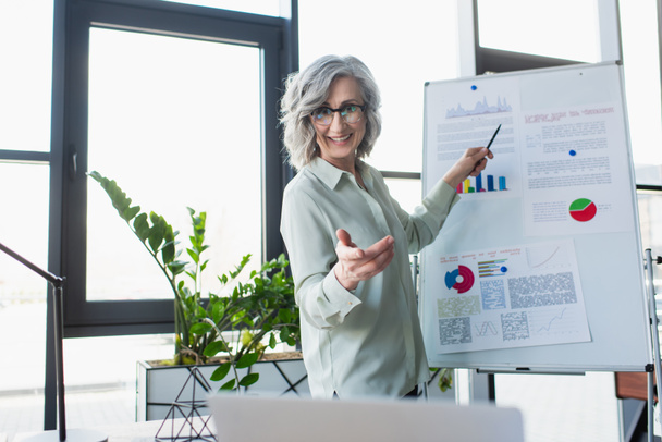 Smiling mature businesswoman pointing at laptop during video call near flip chart in office  - Foto, Bild