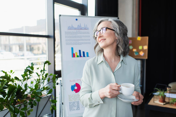 Cheerful businesswoman in eyeglasses holding cup of coffee near flip chart in office  - Zdjęcie, obraz