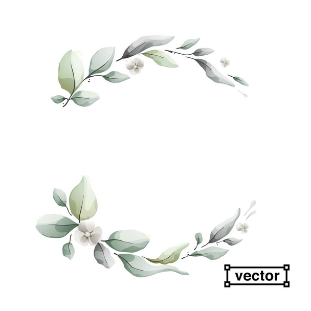 Clear vector wreath in watercolor style with leaves and flowers. White background with bouquet elements, botanical foliage illustration. Vintage herbal semicircle. - Vector, Imagen