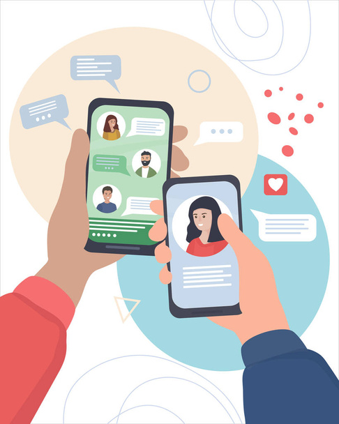 Hands with smartphones. People communicate in social networks and messengers, chat, text online, use video calls. Mobile applications and Internet technology. flat vector. - Vector, Image