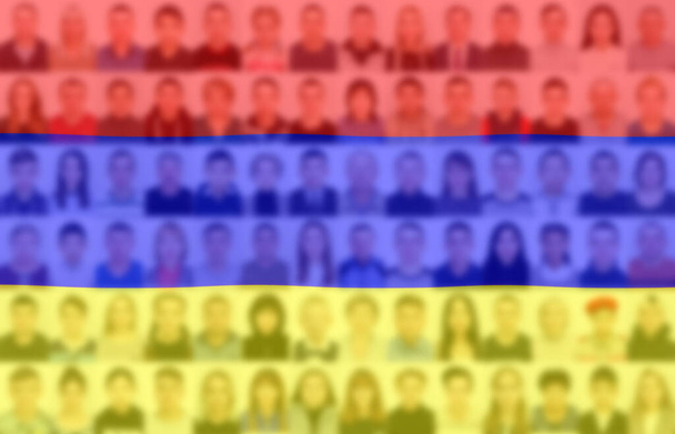 Portraits of many people on the background of the Armenian flag. The concept of the population and demographic state of the country. - Φωτογραφία, εικόνα