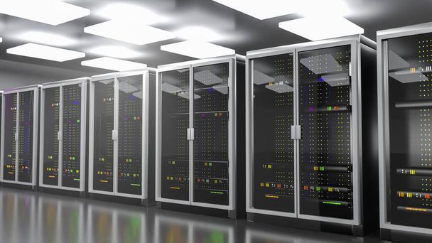 Een server. Datacenter serverruimte. Back-up, mijnbouw, hosting, mainframe, boerderij en computer rack met opslaginformatie. 3d renderen - Foto, afbeelding