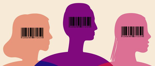 People with barcodes, silhouette vector stock illustration with person with id number as identification concept and barcode as technology - Vector, Image