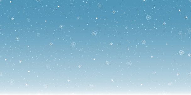 Bezešvé vzor zimní krajina se sněhové vločky na obloze, bílá skvrna na modrém pozadí. Vektorové ilustrace Nekonečný roztomilý tapety design pro Vánoce nebo Nový rok 2022 pozadí - Vektor, obrázek