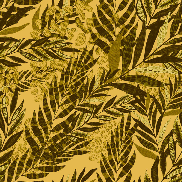 Modern abstract seamless pattern with creative colorful tropical leaves and leopard spots. Retro bright summer background. Jungle foliage illustration. Swimwear botanical design. Vintage exotic print. - Foto, Imagen
