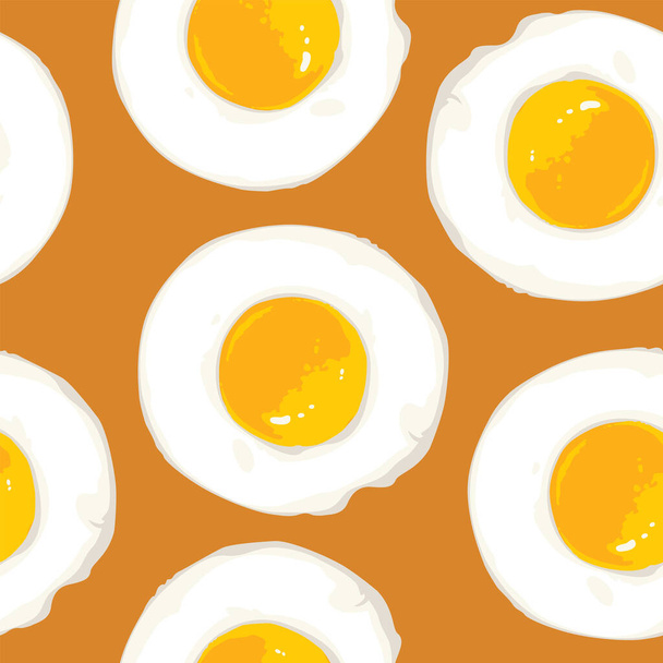 Morning breakfast seamless pattern with a lot of scrambled eggs on an orange backdrop. Vector background with fried eggs in cartoon style. Suitable for wallpaper, wrapping paper or fabric design - Vector, Image