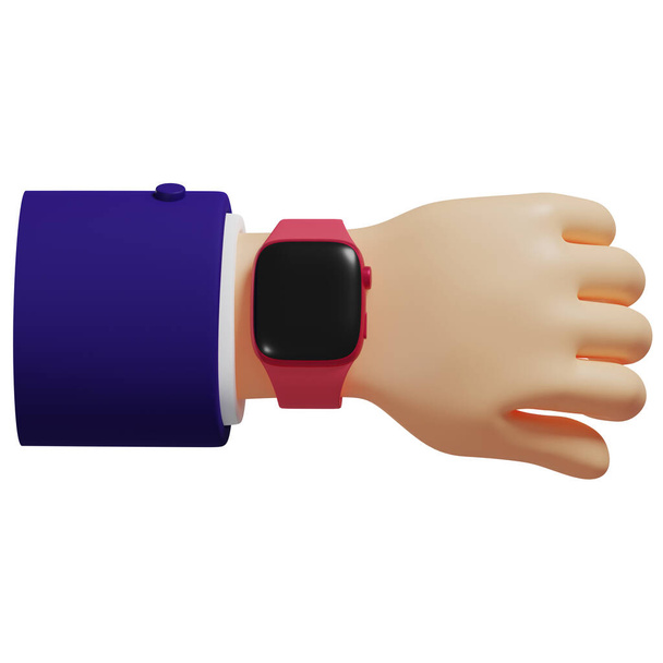 3D красные смарт-часы на браслете, изолированная иллюстрация на белом фоне, 3D рендеринг - Фото, изображение