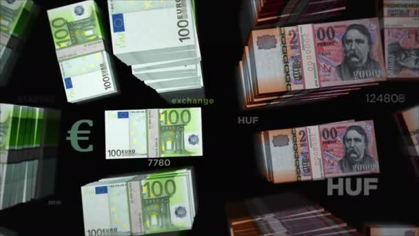 Euro and Hungary Forint money exchange. Paper banknotes pack bundle. Concept of trade, economy, competition, crisis, banking and finance in Hungary. Notes loopable seamless 3d animation. - Footage, Video