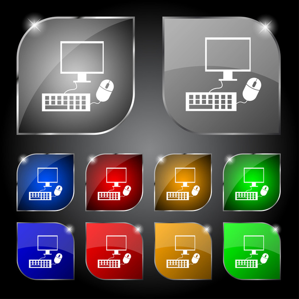 Computer widescreen monitor, keyboard, mouse sign icon. Set colourful buttons. Vector - Διάνυσμα, εικόνα