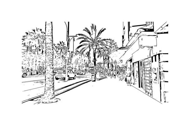 Stampa Vista edificio con il punto di riferimento di Lloret de Mar è la città in Spagna. Illustrazione schizzo disegnato a mano in vettore. - Vettoriali, immagini