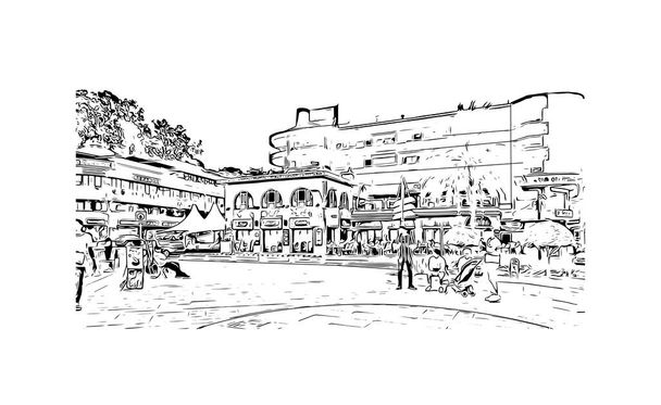 Stampa Vista edificio con il punto di riferimento di Lloret de Mar è la città in Spagna. Illustrazione schizzo disegnato a mano in vettore. - Vettoriali, immagini