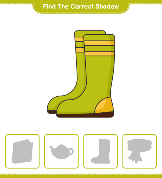 Vind de juiste schaduw. Vind en match de juiste schaduw van Rubber Boots. Educatieve kinderen spel, Werkblad afdrukken, vectorillustratie - Vector, afbeelding