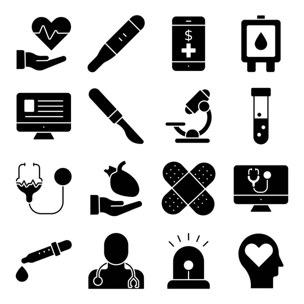 Szukasz zestawu ikon zaprojektowanych na temat medycyny i farmacji? Twoje czekanie się skończyło. Tutaj przynosimy wam ikony glifów opieki medycznej i zdrowotnej. Niesamowity zestaw do nadchodzących projektów. - Wektor, obraz