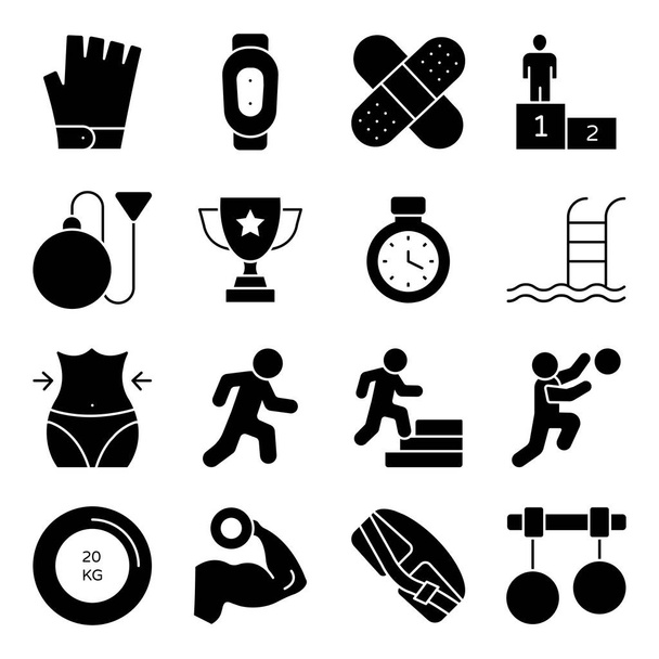 Atletismo pesado e ícones sólidos relacionados ao ginásio são projetados de forma criativa. Disponível para download instantâneo e fácil de usar arquivos em anexo. - Vetor, Imagem