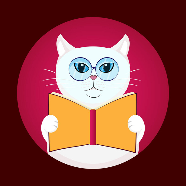 Vektorkatze liest ein Buch. Katze mit Brille und Buch. Zum Drucken auf Stofftapeten. - Vektor, Bild