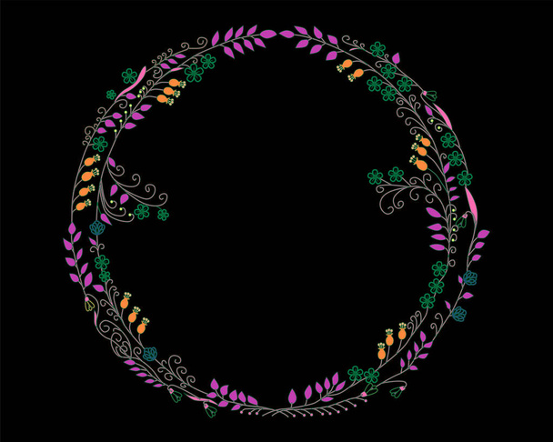 Flower wreath on a dark background. Flower wreath with flowers leaves and curlicues. Flower wreath with a green stroke. - Вектор,изображение