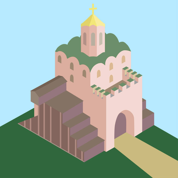 Landmark capital of Ukraine. Golden Gate of Kiev. Golden Gate vector illustration for tourist cards. Historical building, a monument of the architecture. - Vettoriali, immagini