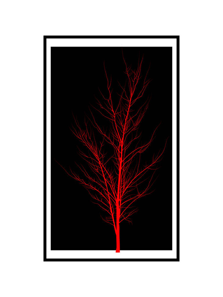 Red tree in a black rectangle on a white background. Young tree with branches without leaves. - Vector, Image