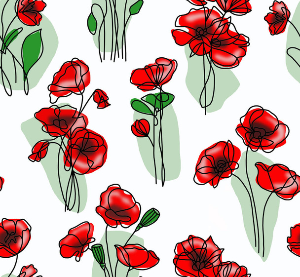 Background of poppy flowers drawn with black lines on a white background painted in colors.Seamless pattern. - Foto, Imagem