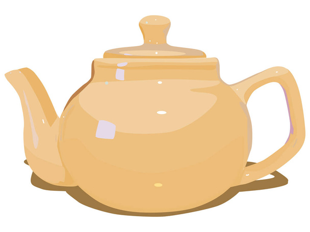 Keramická konvice je světle oranžová. Kotlík na vaření čaje. Konvice na čaj s víčkem a hliněnou rukojetí. Kotlík na pití čaje. - Vektor, obrázek