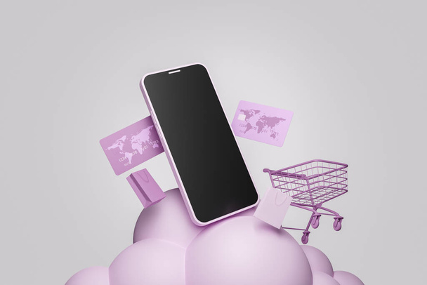 mobile phone on a cloud of spheres with a shopping cart and credit cards around it. concept of online shopping, offers and business. 3d rendering - Photo, Image