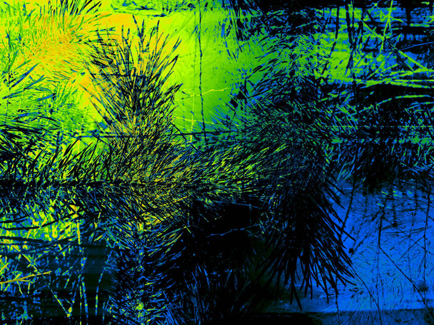 Tyylikäs valokuva kuusen oksia keltainen, vihreä ja sininen. Surrealistinen seinämaalaus nykytyyliin. Taide tausta projekteja ja toimii uuden 2022 vuoden sininen, vesi tiikeri. - Valokuva, kuva