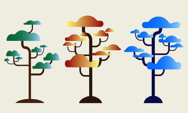 eine Reihe stilisierter mehrfarbiger Bilder von Bäumen für die Gestaltung von Illustrationen, Postkarten, Interieurs im Cartoon-Stil - Vektor, Bild