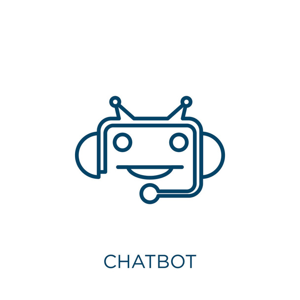 Chatbot ikonu. Beyaz arkaplanda izole edilmiş ince doğrusal sohbet robotu taslak simgesi. Satır vektörü sohbet robotu işareti, ağ ve mobil sembolü - Vektör, Görsel