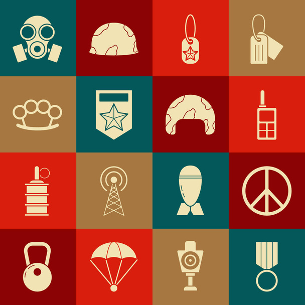 Set Military reward medal, Peace, Walkie talkie, dog tag, Chevron, Brass knuckles, Gas mask and helmet icon. Vector - Vector, Image