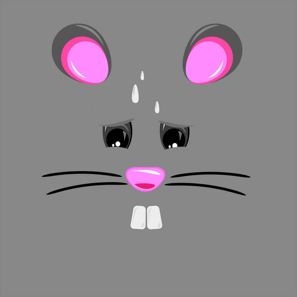 Ilustración vectorial de un ratón triste y abrumado sobre fondo gris. Dibujos animados de un ratón llorando con bigotes - Vector, Imagen