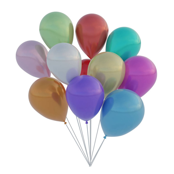 3D rendering. A set of flying colorful balloons for parties and celebrations. Isolated on a white background. Helium ballons. - Photo, Image