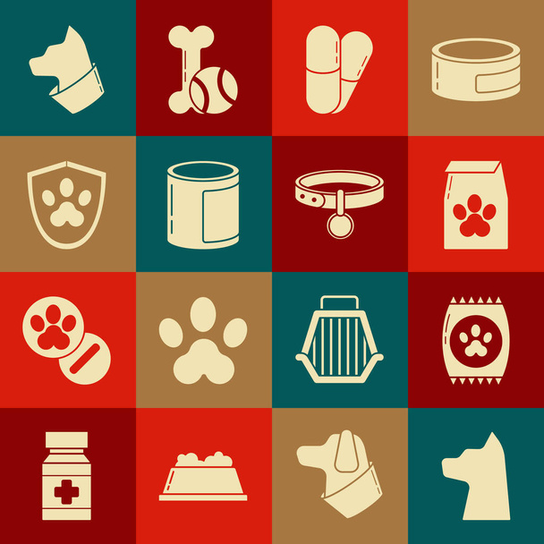 Set Cat, Bag of food for pet, Dog and pills, Canned, Animal health insurance, and Collar with name tag icon. Vektor - Vektor, obrázek