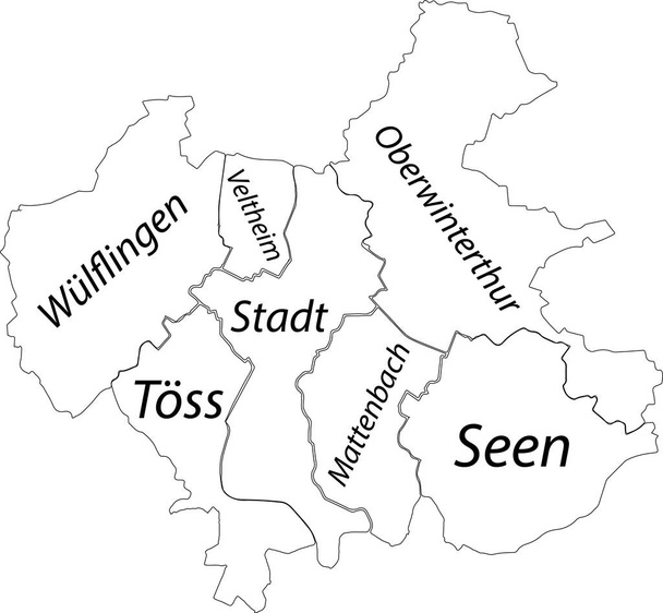 Simple white vector map with black borders and name tags of urban city districts of Winterthur, Switzerland - Vector, Image