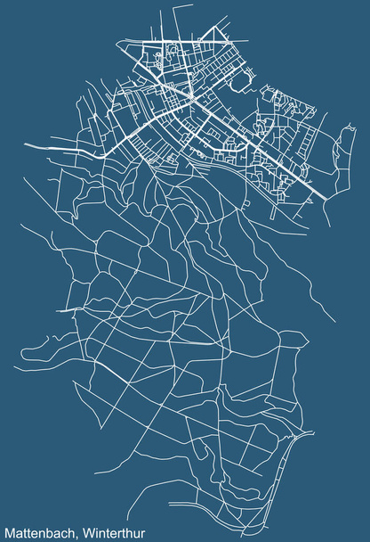Detailed technical drawing navigation urban street roads map on blue background of the quarter Kreis 7 Mattenbach District of the Swiss regional capital city of Winterthur, Switzerland - Vector, Image